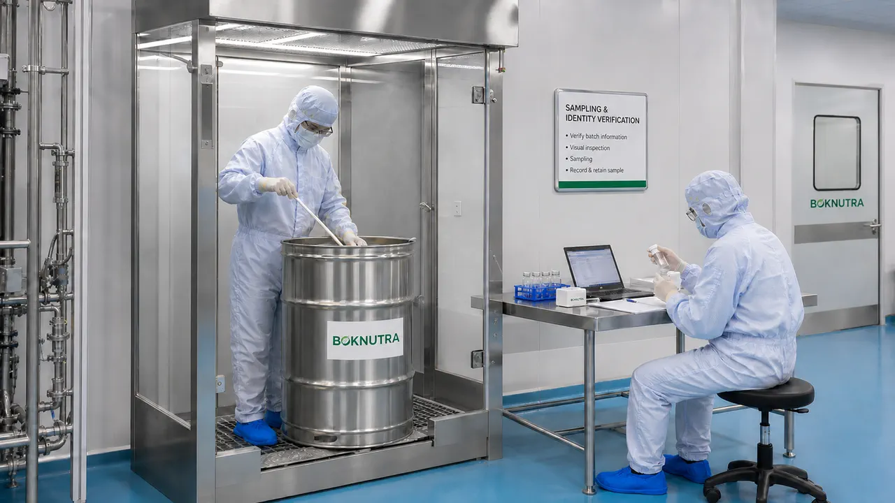 BOKNUTRA cleanroom technicians conducting production sampling and identity verification