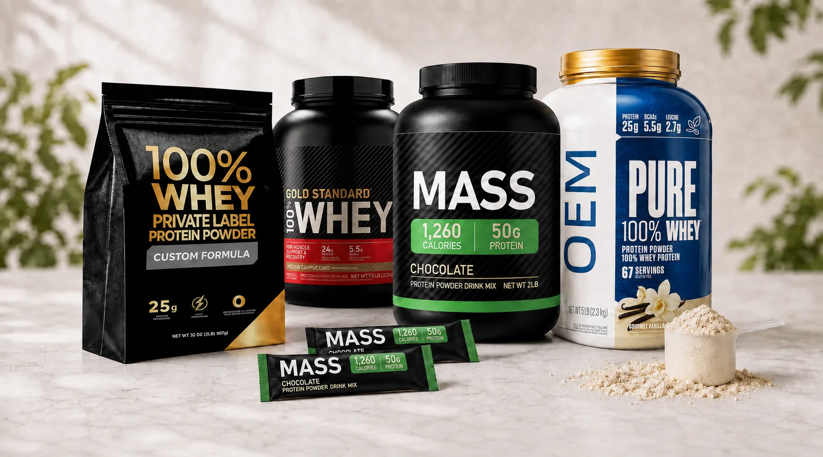 Protein powder tubs, pouch and single-serve sachets for custom OEM and private-label programs
