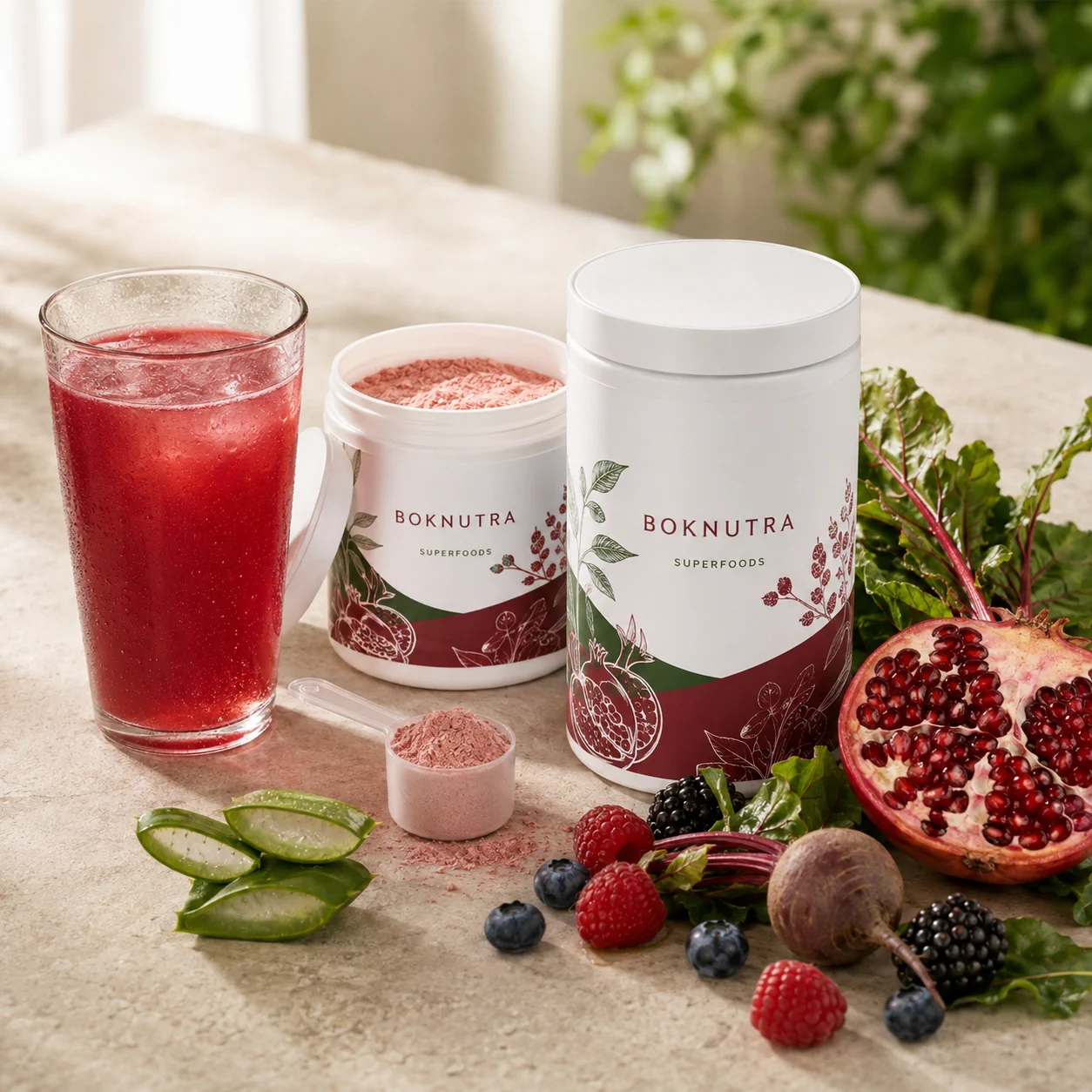 BOKNUTRA superfood powder tubs with a mixed berry drink and fresh botanical ingredients