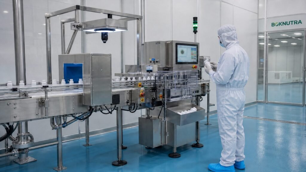 BOKNUTRA production specialist inspecting a bottle on an automated packaging line in a controlled manufacturing environment